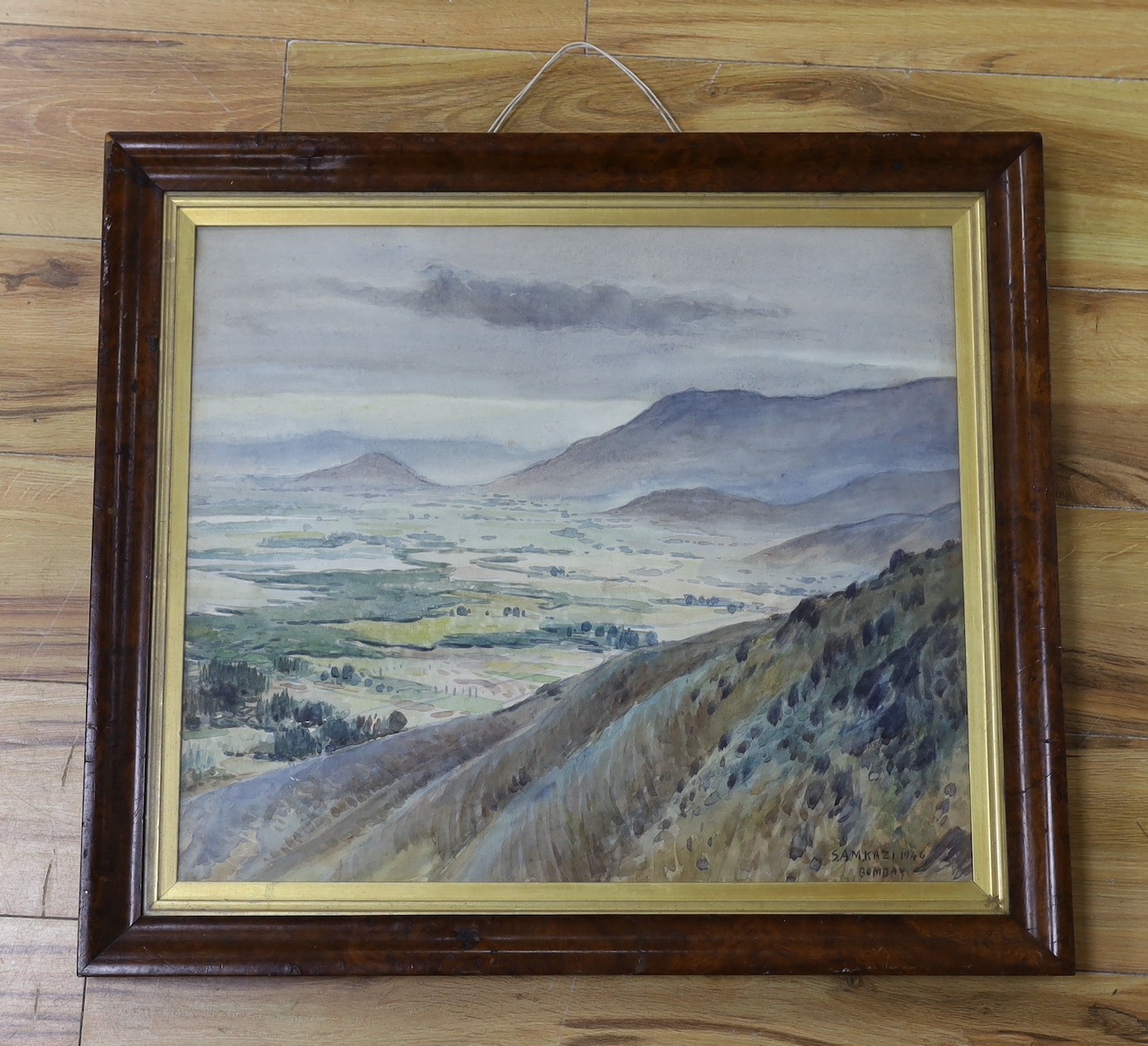 S.A.M. Kazi, watercolour, Extensive Indian landscape, signed and dated 1946 and inscribed Bombay, 46 x 53cm